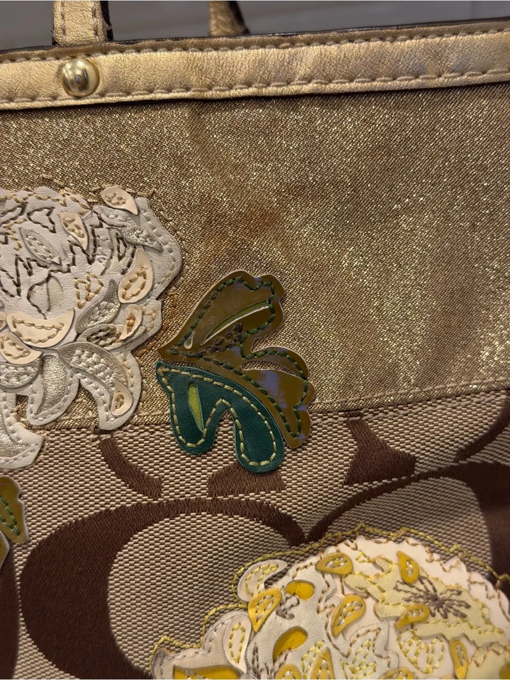 Coach Gold and Brown Floral Appliqué Tote